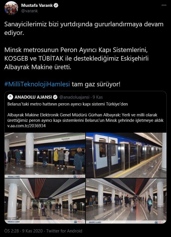 Sanayi ve Teknoloji Bakanı Sayın Mustafa VARANK'ın Paylaşımı